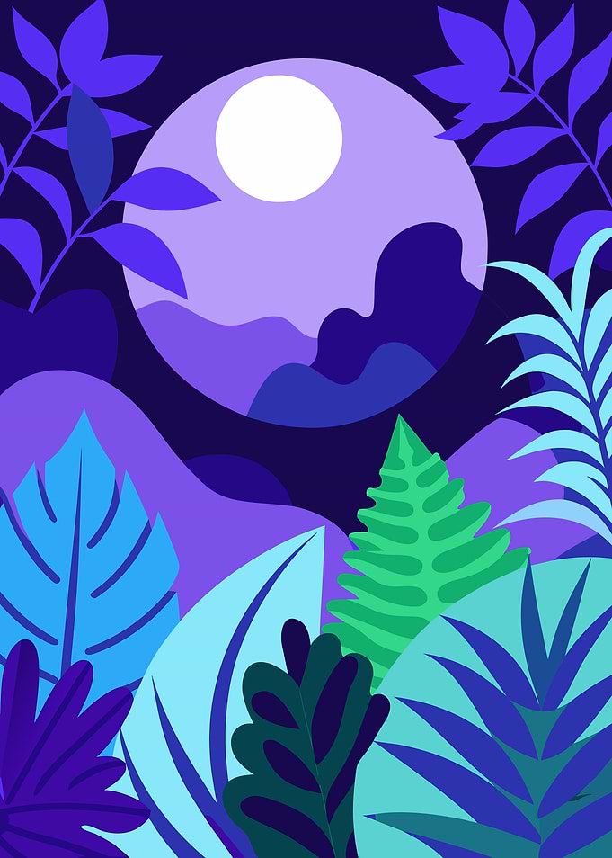 Abstract Tropical Night Lush Jungle River Flowing Through Rocky Forest Landscape Metal Wall Art