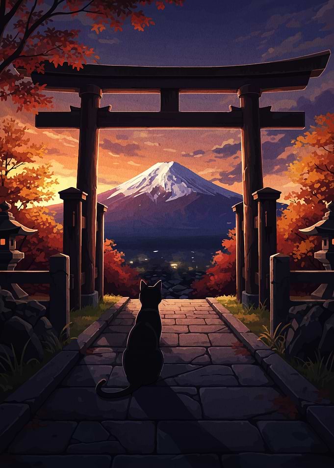 Cat gazing at Mount Fuji at sunset