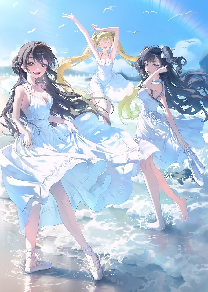 Girls on Beach in White Dresses