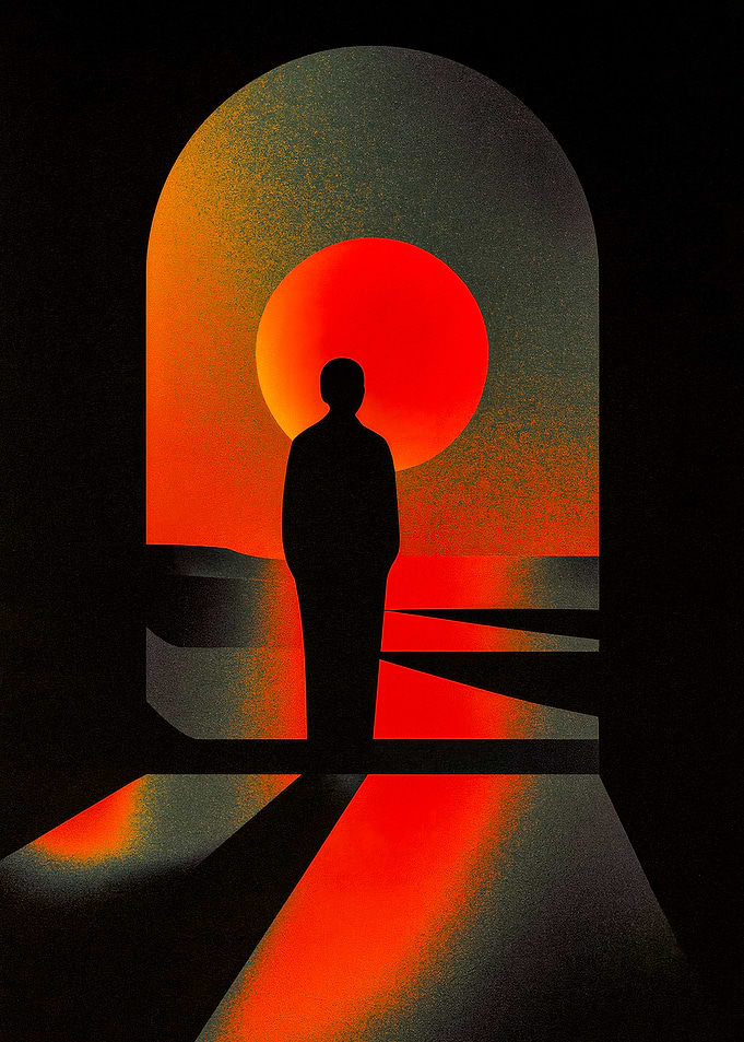 Silhouette by Archway with Red Sun
