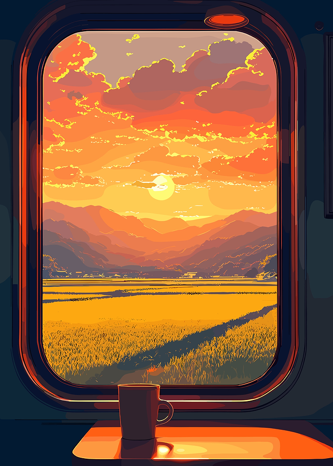 Train Window Sunset Landscape with Coffee
