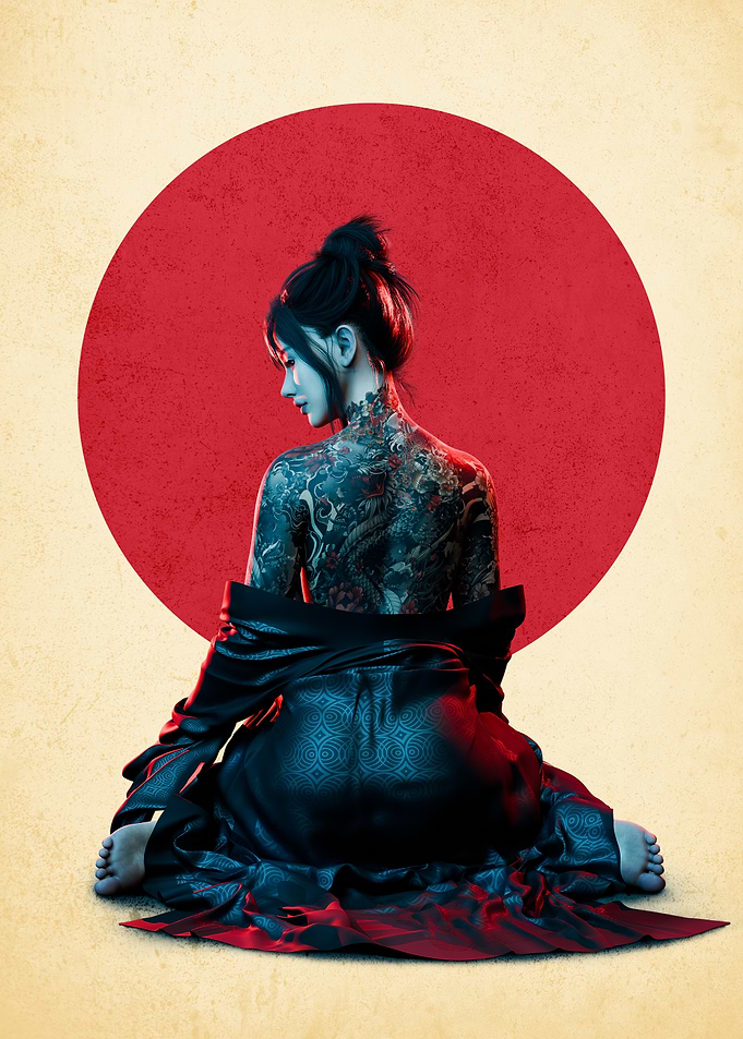 Tattooed Woman with Japanese Flag Backdrop