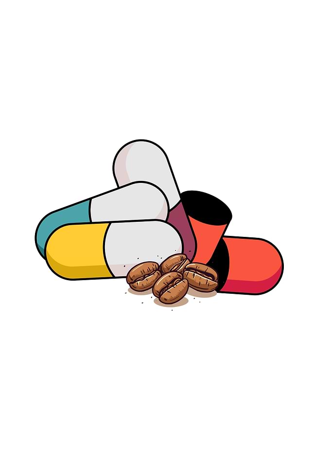 Coffee beans and pills illustration