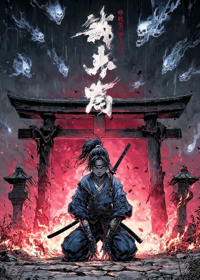 Samurai in front of Torii Gate
