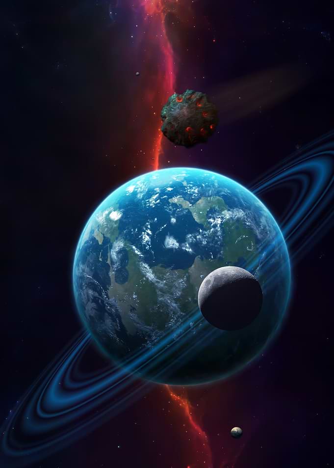 Earth-like planet with rings and moon