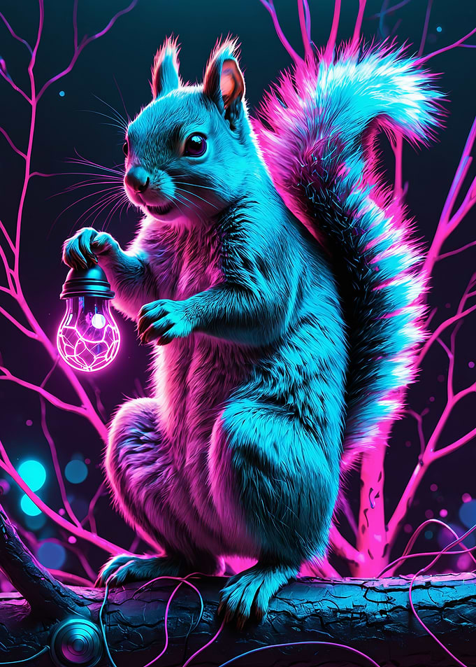Neon Squirrel with Glowing Bulb