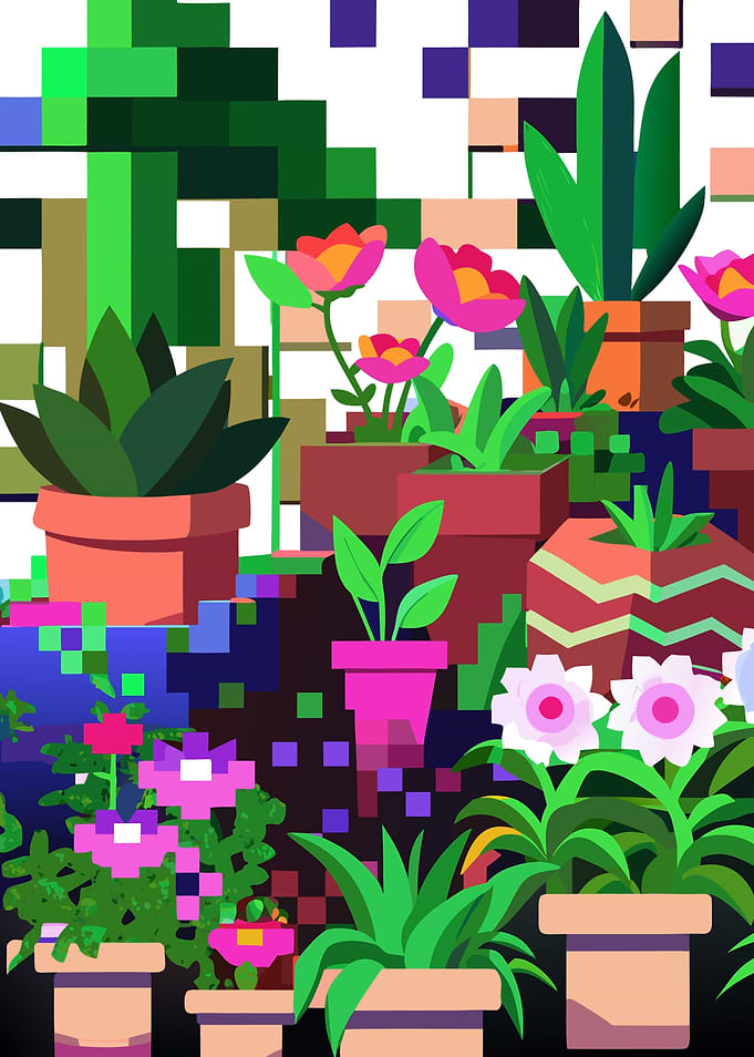 Pixelated Potted Plants and Flowers Illustration Metal Wall Art