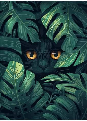 Black Cat Hidden in Tropical Leaves