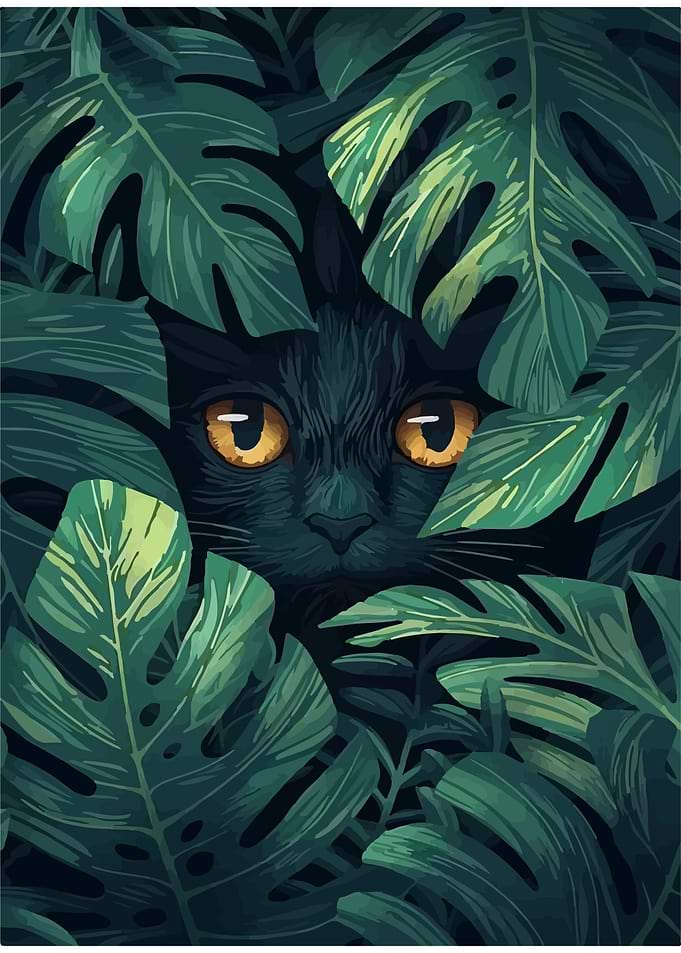 Black Cat Hidden in Tropical Leaves