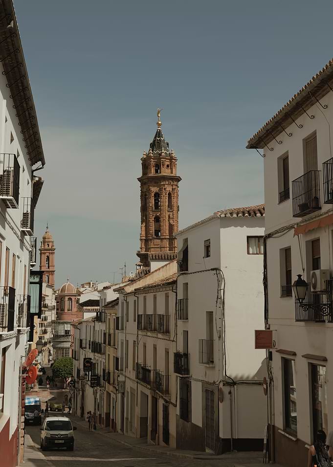 Spain Antequera street view with church tower