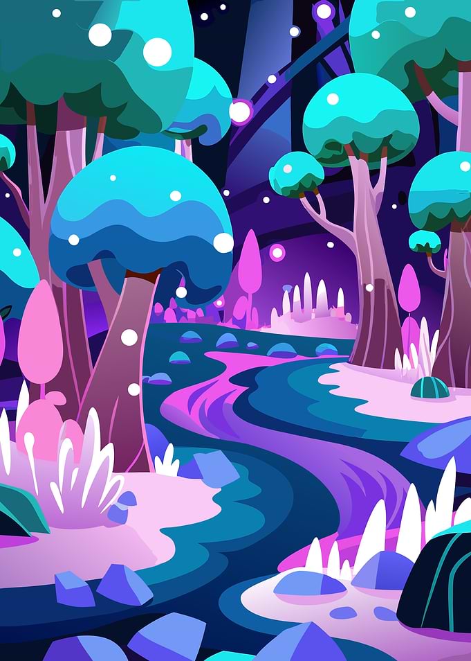 Cyberpunk Fantasy Forest Illustration with Glowing Crystalline Trees and Neon Colors Metal Wall Art