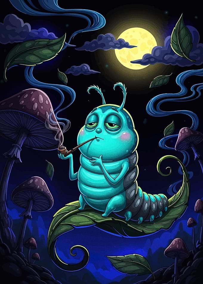 Caterpillar Smoking Pipe in Mushroom Forest