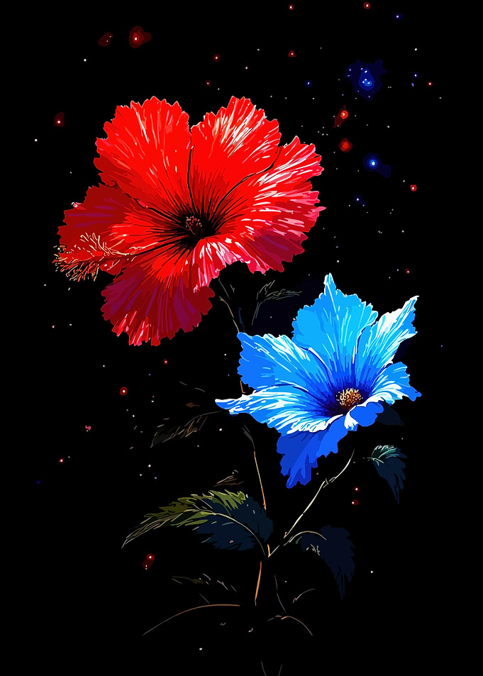 Red and Blue Hibiscus Flowers