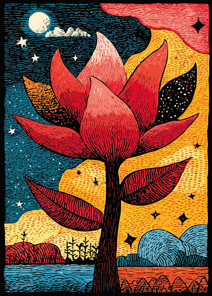 Stylized Floral Landscape with Night Sky