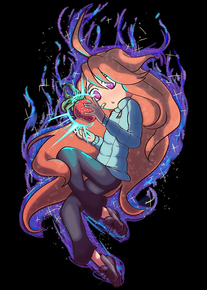 Celeste holding a strawberry