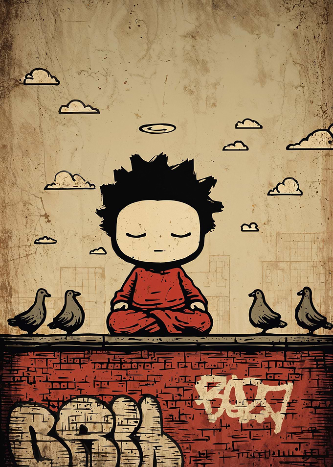 Meditating Child with Pigeons and Graffiti