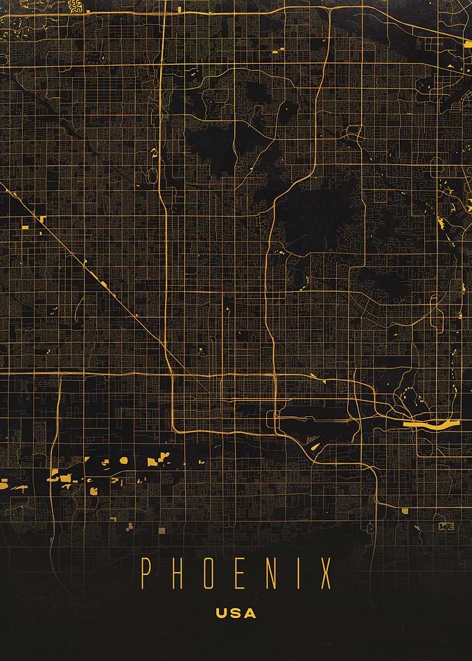 Phoenix, Arizona Golden Grid Map - USA Urban Streets in Black and Gold