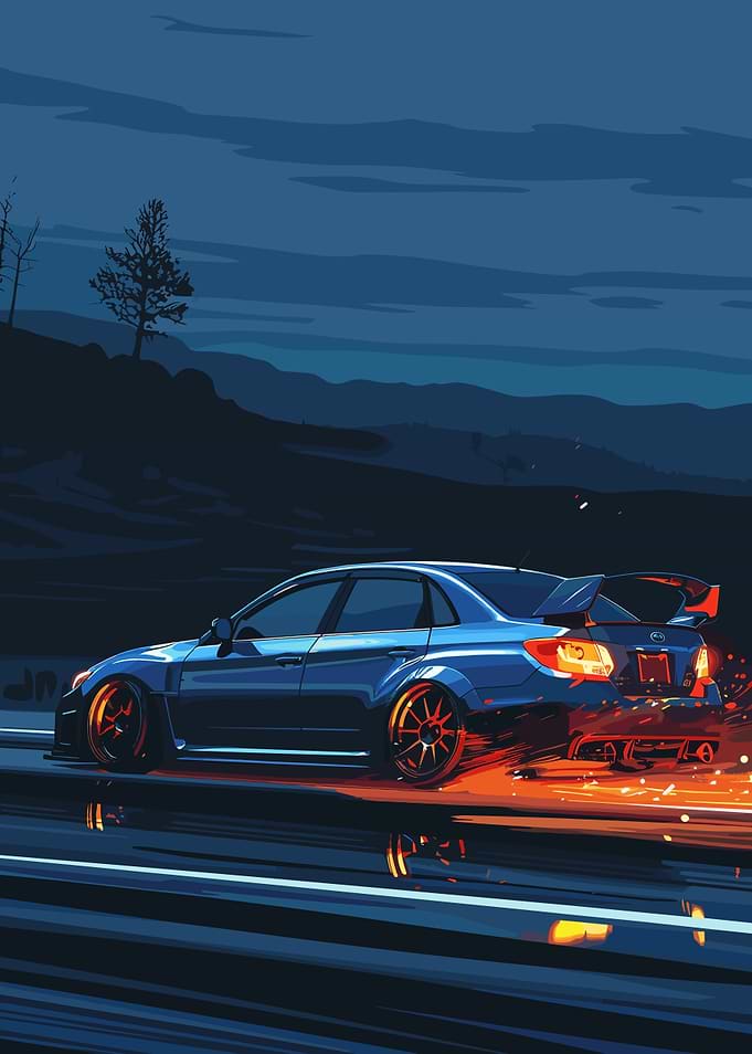 Blue Car Speeding at Night