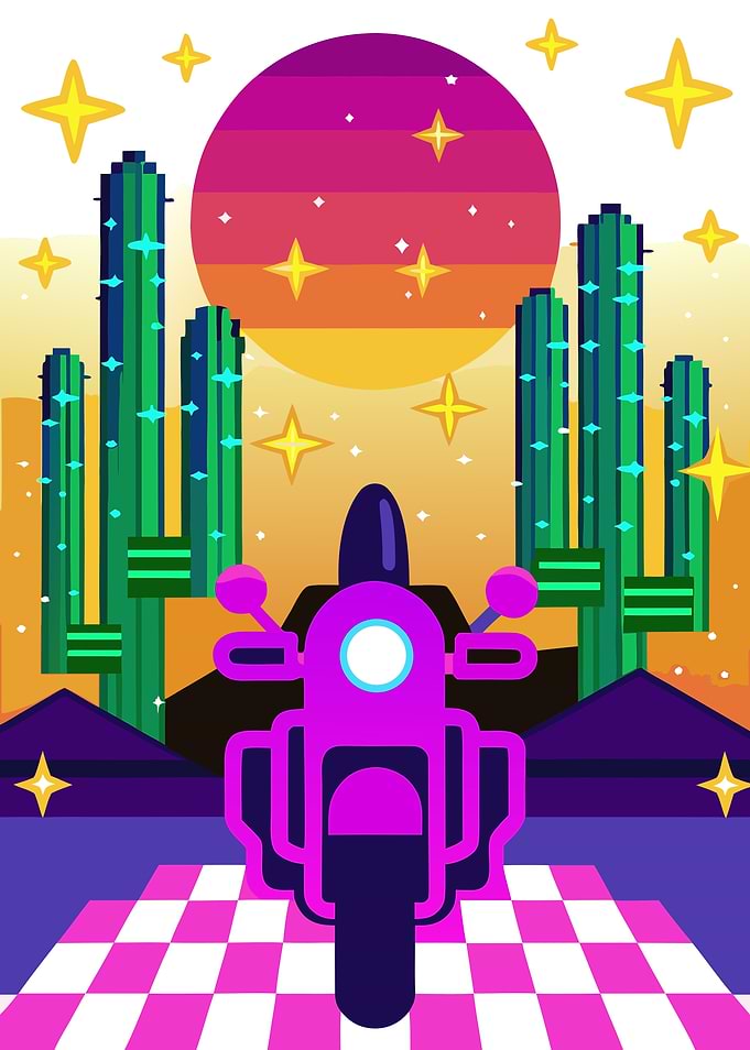 Synthwave Motorcycle on Pixel Grid with Neon Cactus and Retro Sunset Metal Wall Print Art