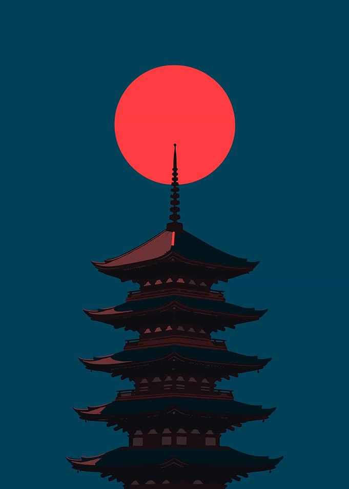 Japanese Pagoda Silhouette with Red Sun