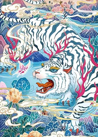 White Tiger in Asian Landscape Art