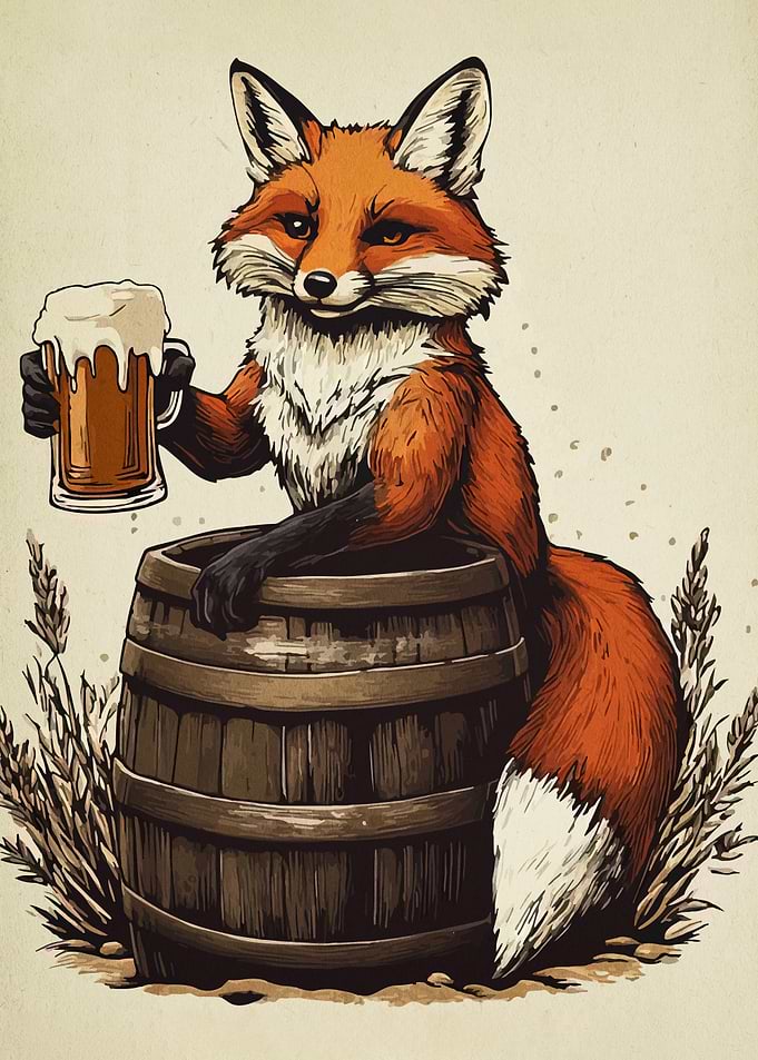 Fox with Beer on Barrel Illustration