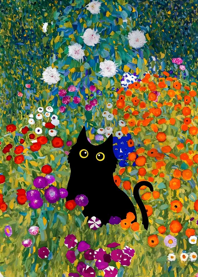 Black cat in a colorful garden