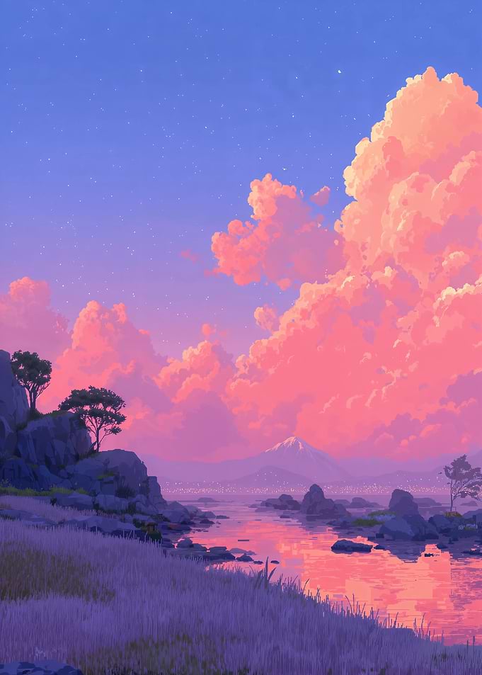 Pink Clouds and Mountain Landscape