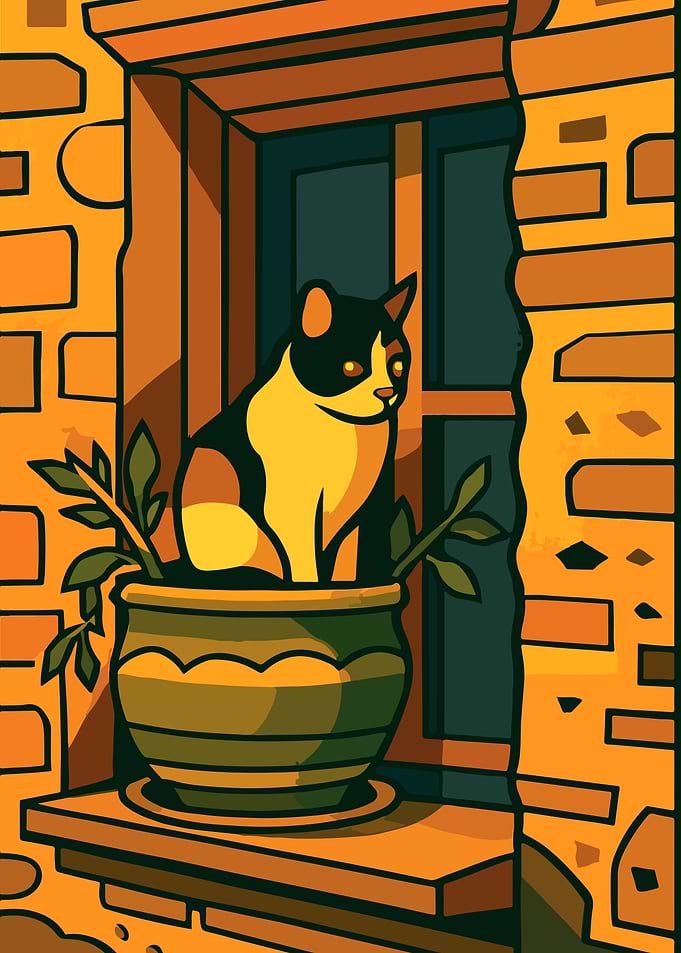 Cat in greece window Pot Illustration