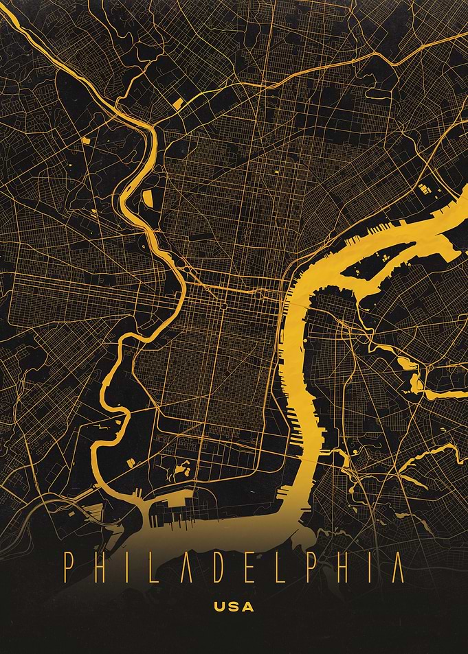 Philadelphia, USA Golden Map - Urban Art Print