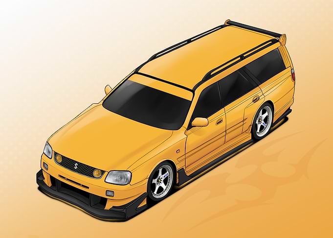 Yellow Nissan Stagea Wagon Illustration
