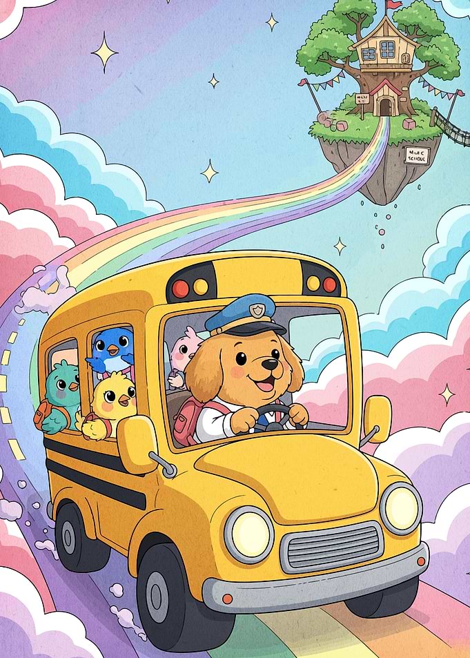 Dog Driving School Bus to Treehouse