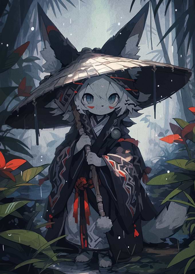 Anime Fox Character in Rainy Forest