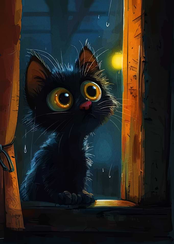 Cartoon Black Cat in Window