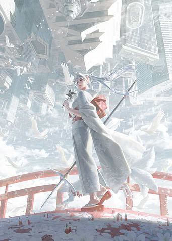 White Kimono Girl in Upside-Down City