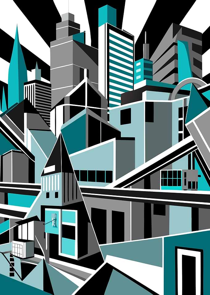 Abstract Cityscape with Geometric Shapesn Metal Wall Art