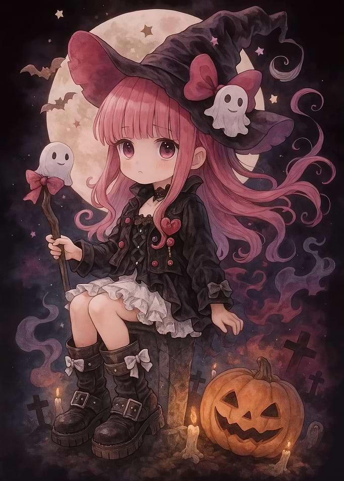 Anime Witch Girl with Halloween Pumpkin