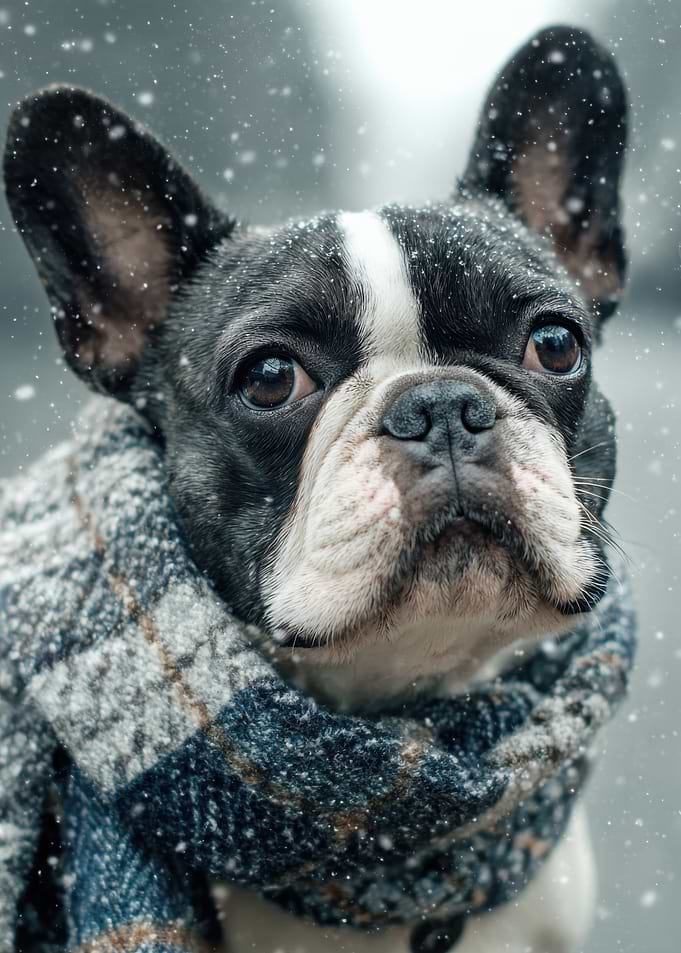 Dog in Scarf in Winter Snow