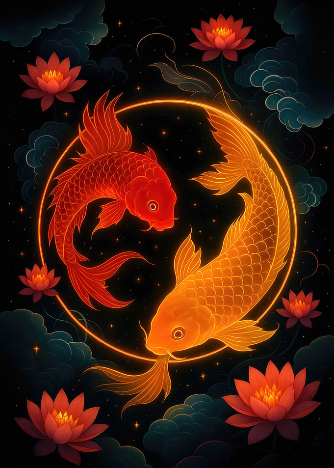 Yin Yang Koi Fish with Lotus