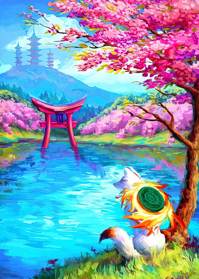 Japanese Landscape with Fox and Torii Gate