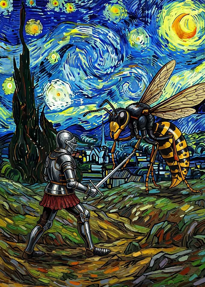 Knight vs. Giant Wasp in Starry Night