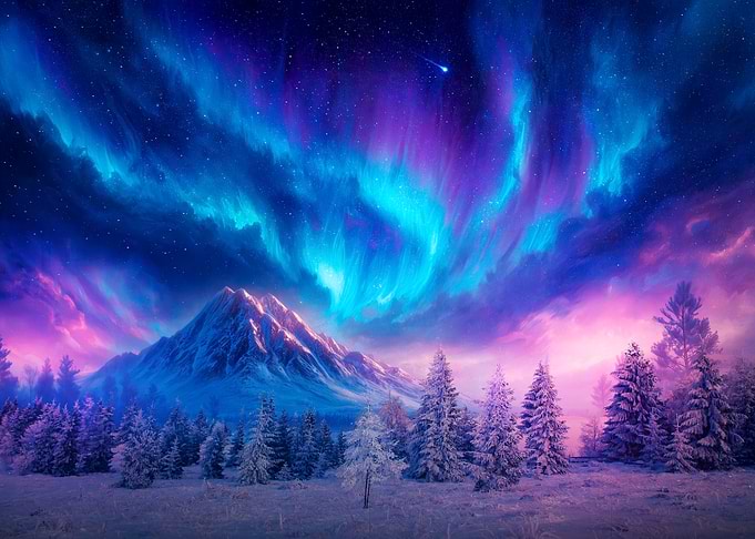 Winter landscape with aurora borealis