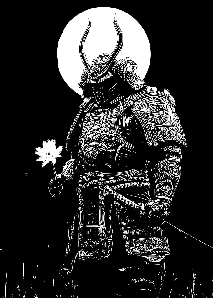 Samurai with Flower in Black and White