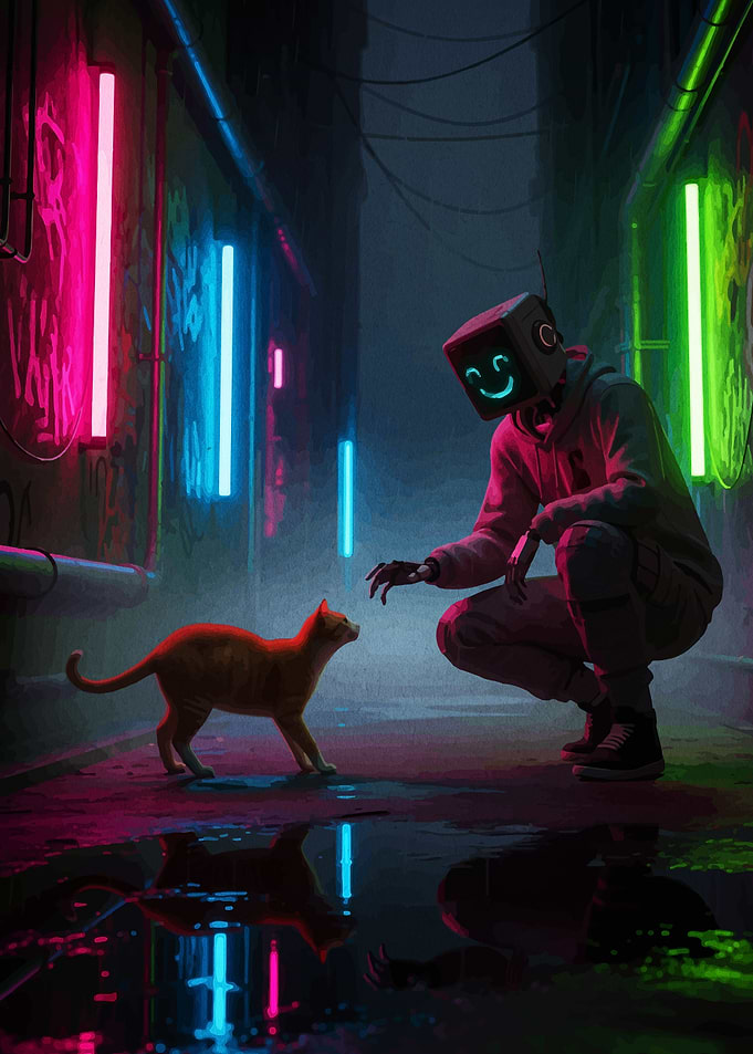 Cyberpunk Figure with Cat in Alley