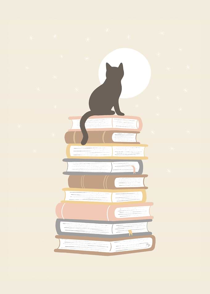 Cute Cat with Books and Moon illustration