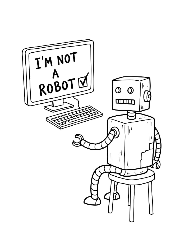 Robot sitting by computer illustration