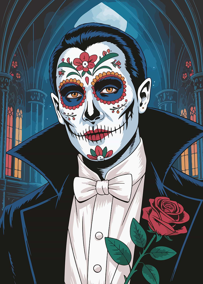 Elegant Calavera Man in Gothic Setting