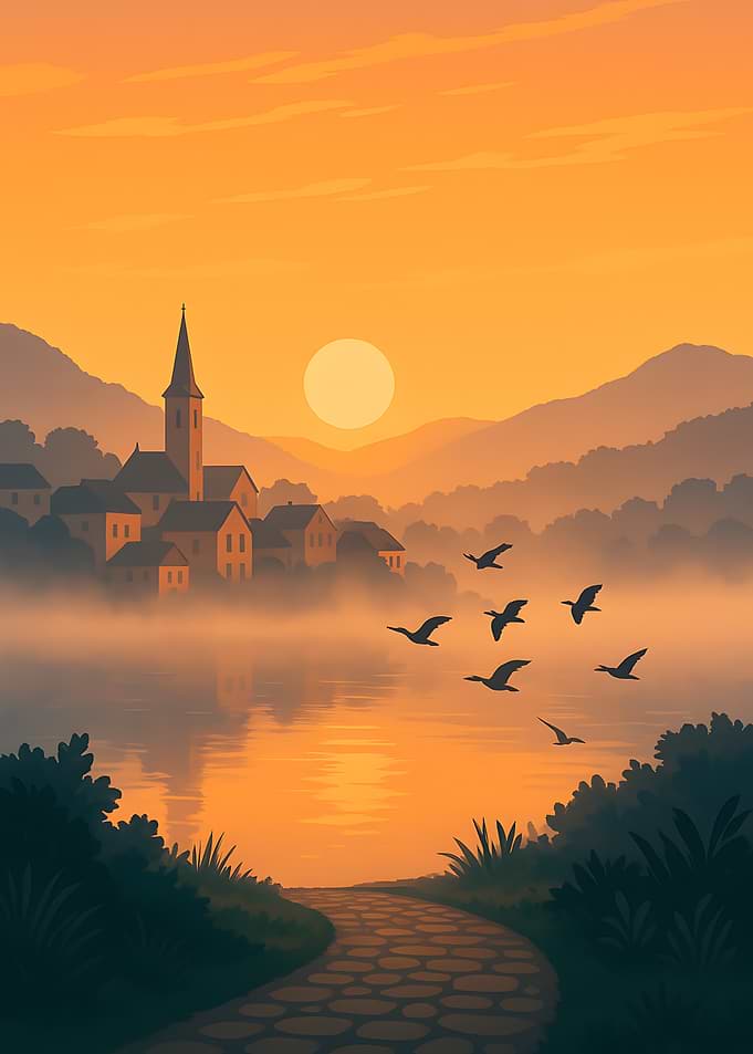 Peaceful Village Sunset with Birds