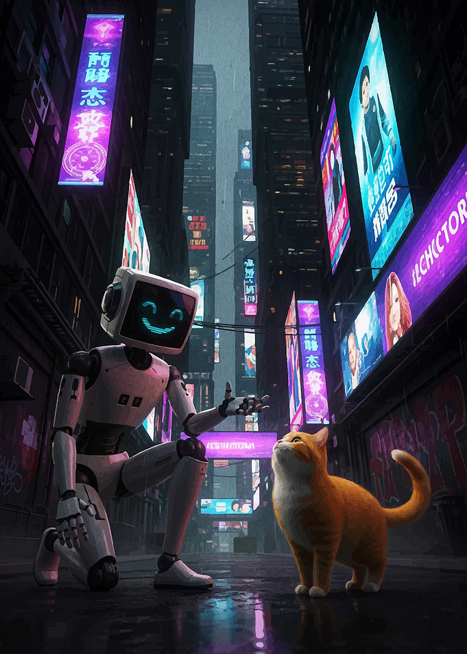 Robot and Cat in Cyberpunk City