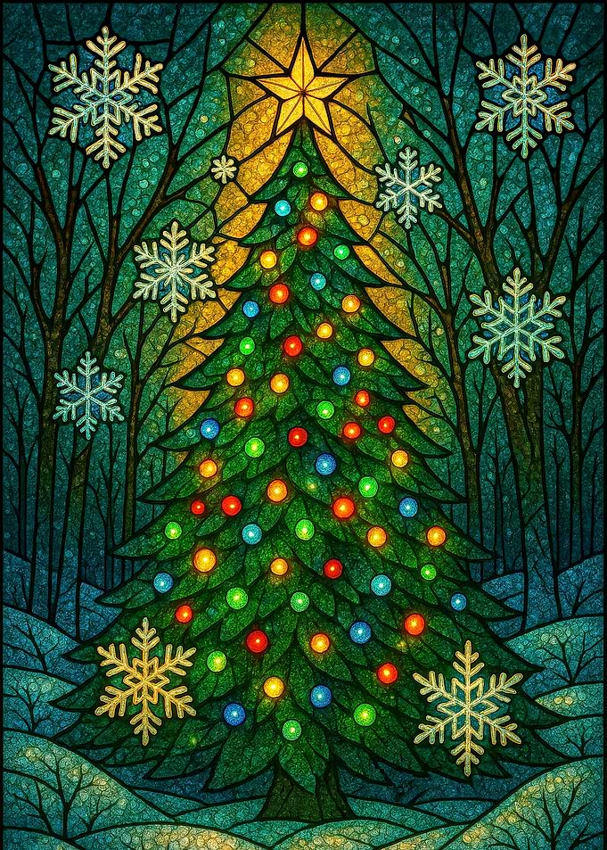 Stained Glass Christmas Tree in Forest